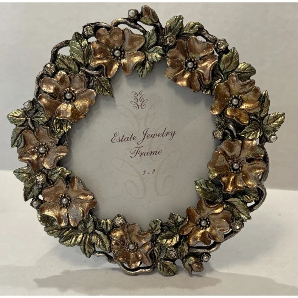 Fetco Home Decor Metal Round Picture Frame Jeweled Floral Design Fits 3x3 Photo
